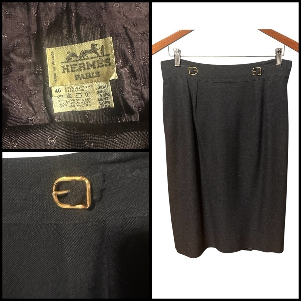 Hermes Black Linen Blend Women's Skirt with Buckle Detail Size 46EU 16US - Picture 2 of 8